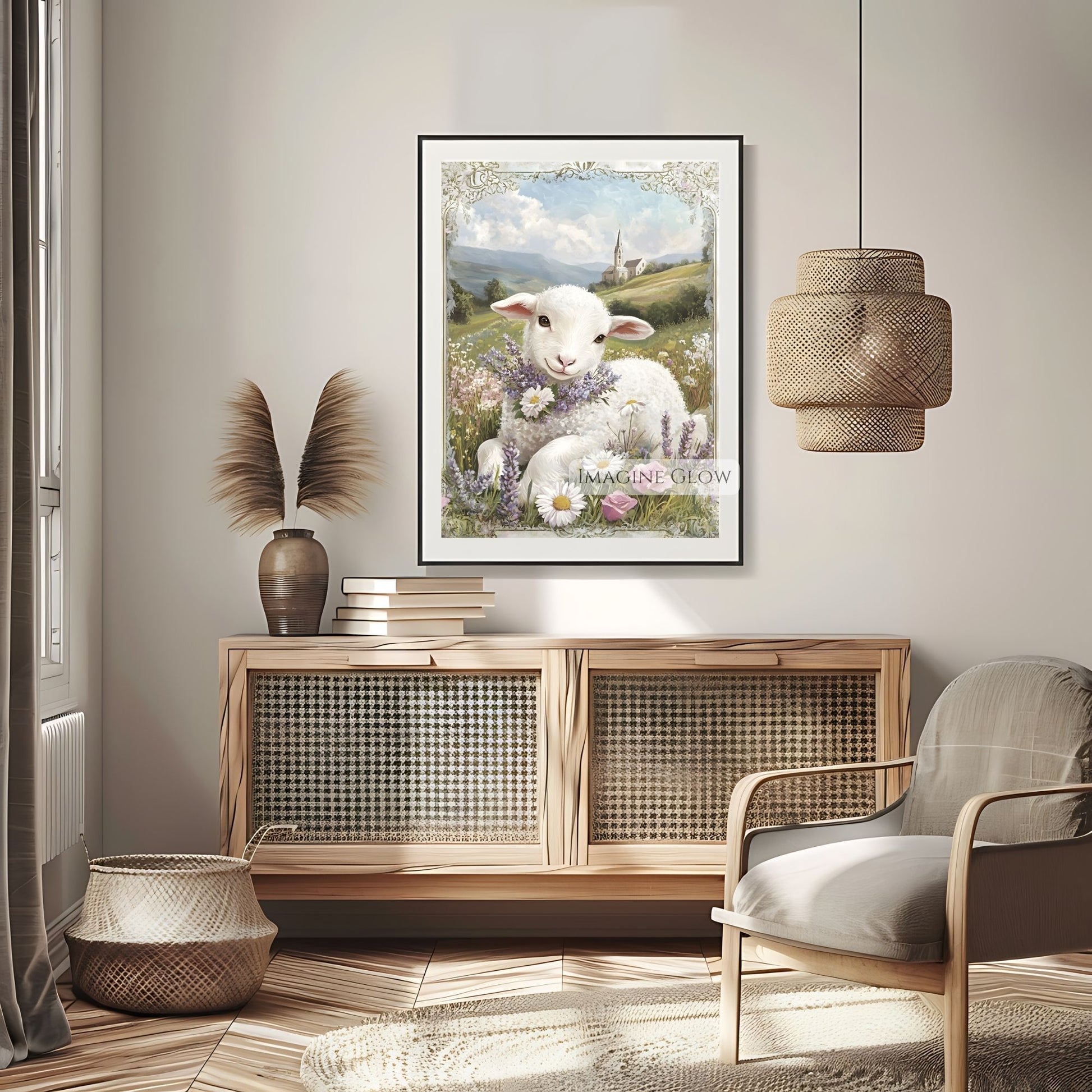 Peaceful meadow with lamb rustic wall art.
