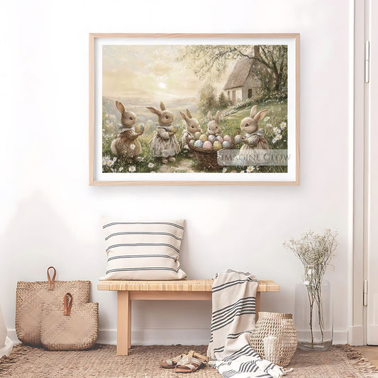 Victorian rabbits in a spring meadow with Easter eggs Hunt art print.
