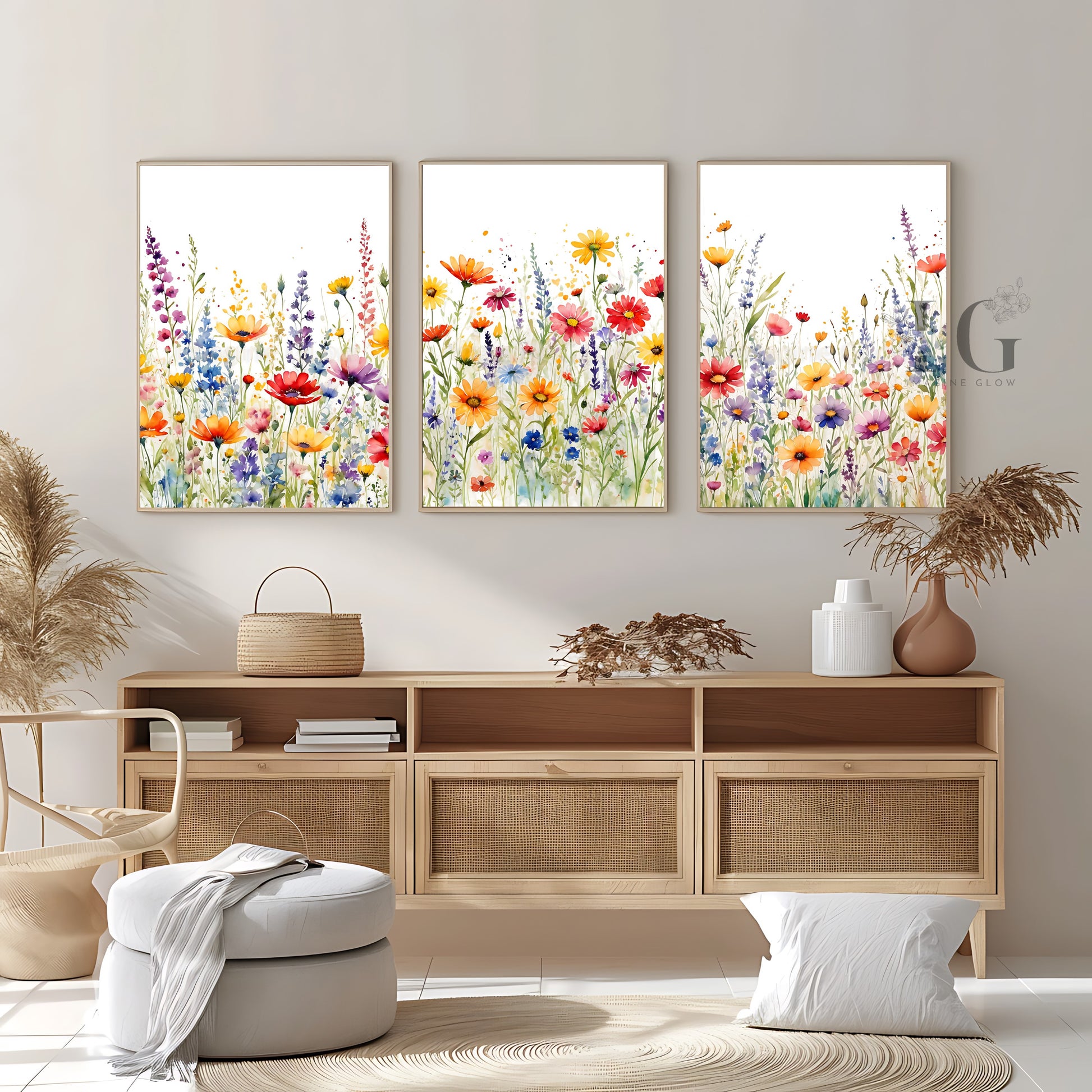 Meadow wildflower wall art featuring vibrant botanical prints