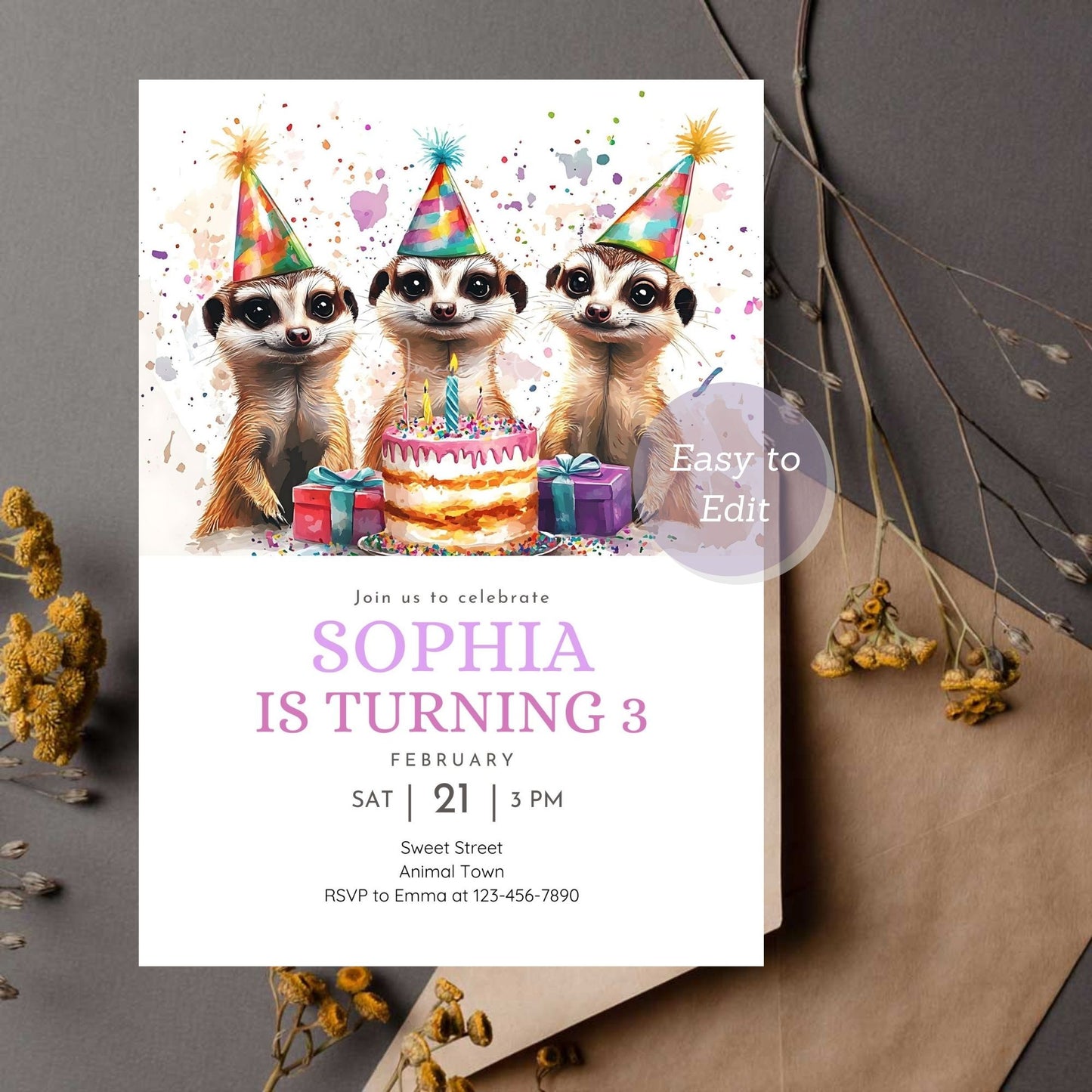 Meerkat-themed birthday invitation for kids with wild adventure.
