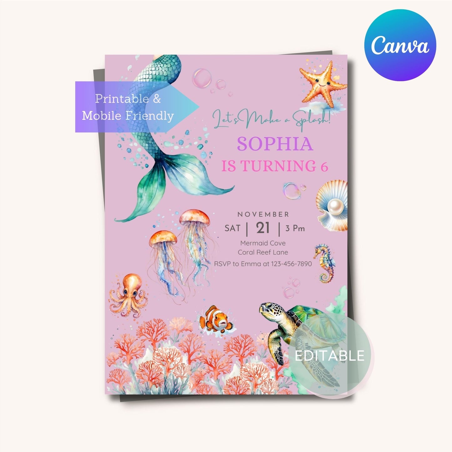 Customizable mermaid birthday party invitation for kids and adults