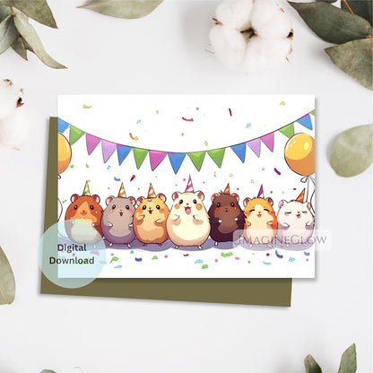 Digital download card with cartoon hamsters wearing party hats on a white background