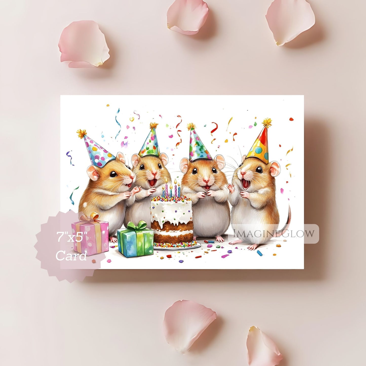 Birthday card with cartoon hamsters around a cake on a light pink background