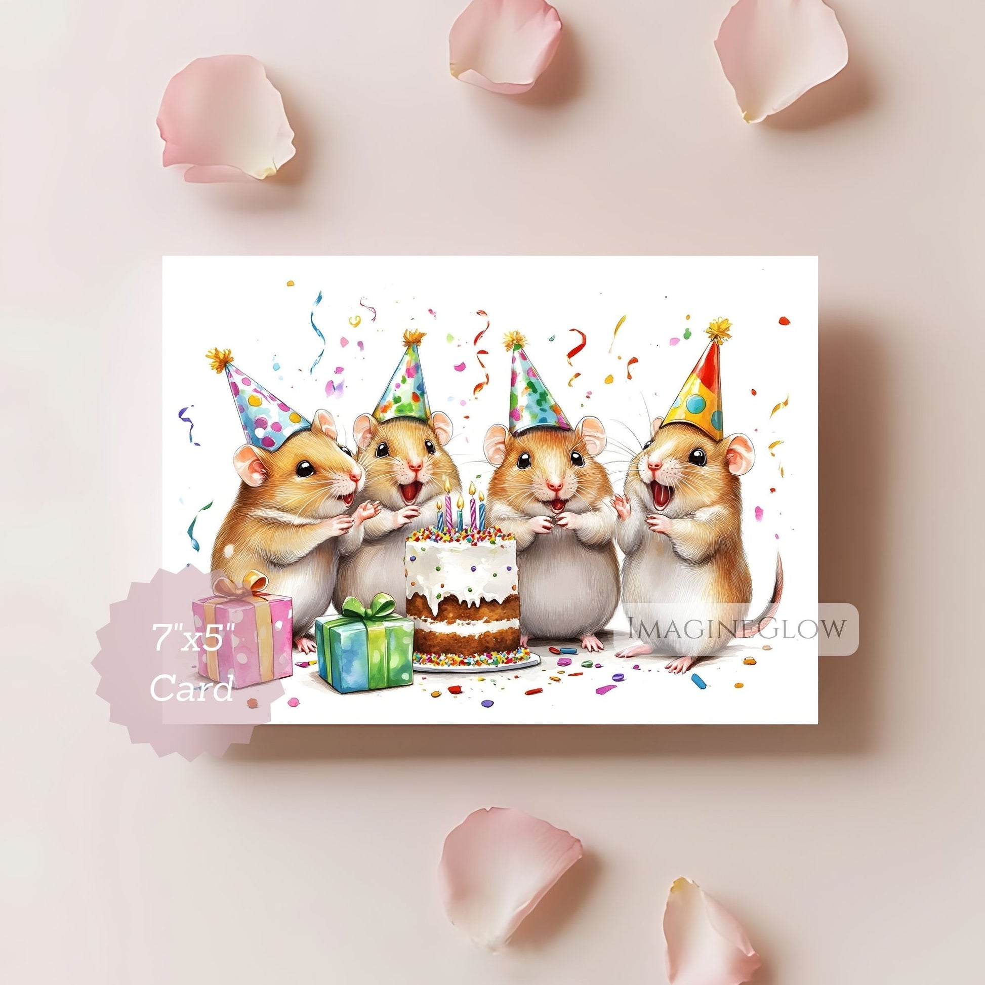 Birthday card with cartoon hamsters around a cake on a light pink background