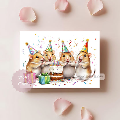 Birthday card with cartoon hamsters around a cake on a light pink background