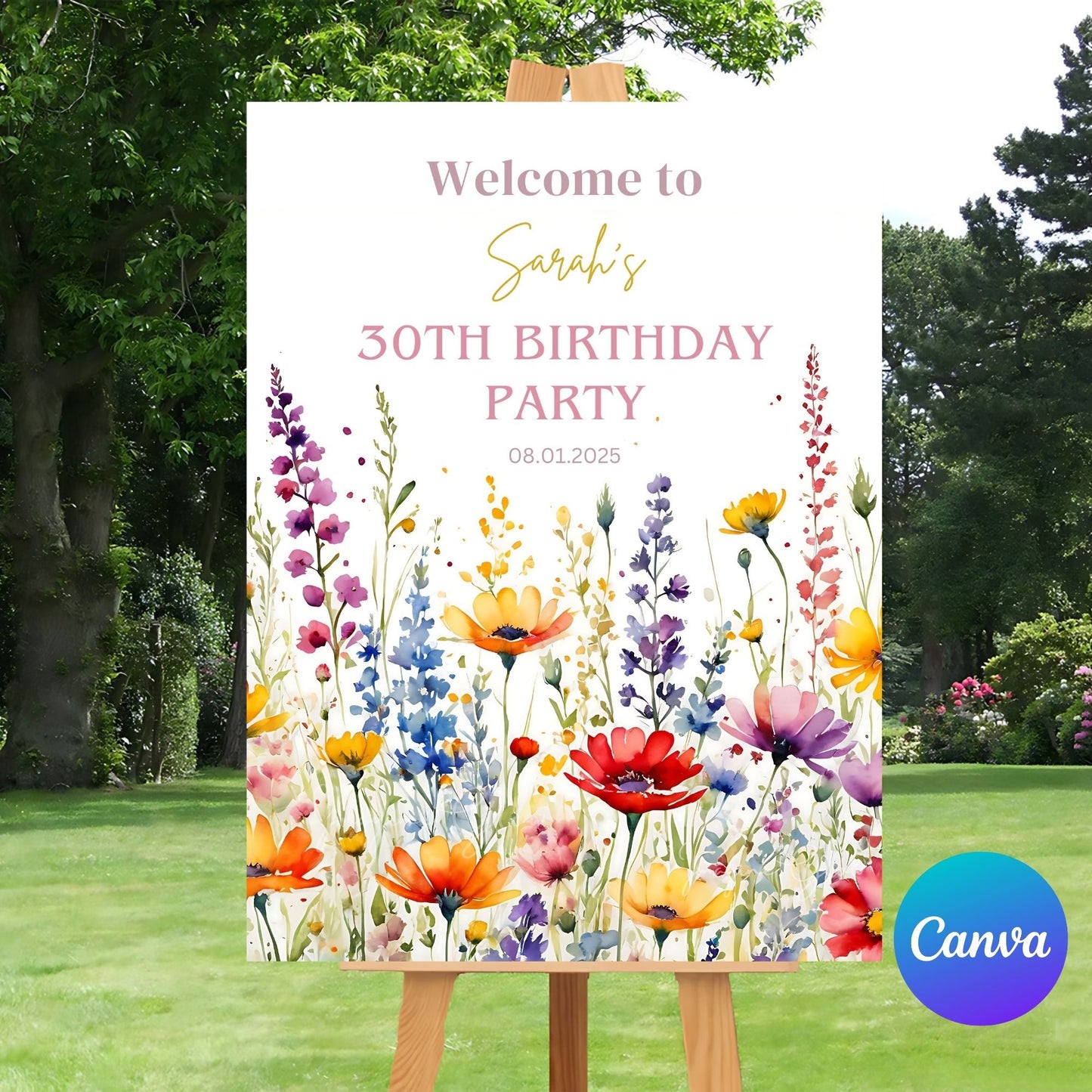 Bright wildflowers birthday party welcome sign.
Milestone birthday party decor with vibrant wildflower design.