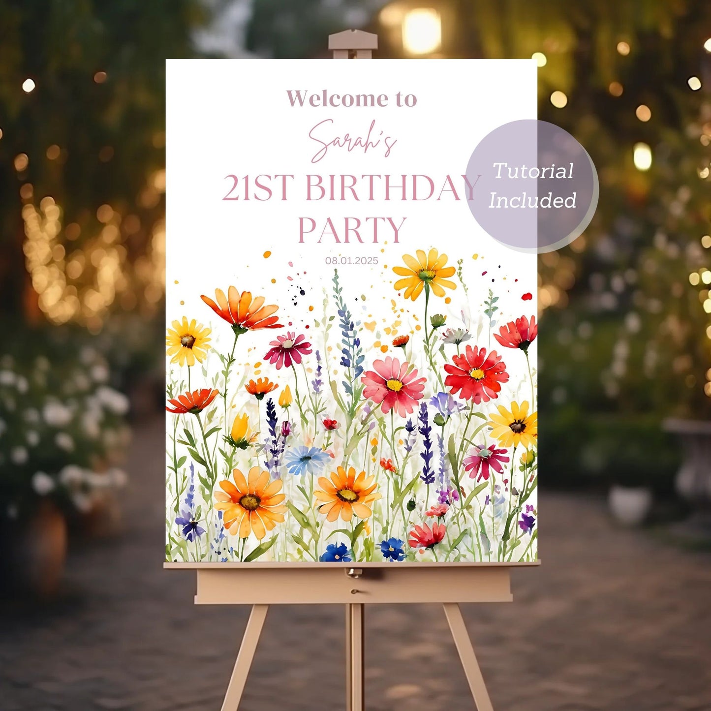 Editable party poster for 21st birthday celebration.
Bright wildflower birthday welcome sign for 21st milestone.
Customizable 21st birthday party decor with floral theme.
Vibrant wildflower design 21st birthday celebration sign.
