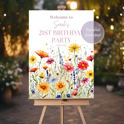 Editable party poster for 21st birthday celebration.
Bright wildflower birthday welcome sign for 21st milestone.
Customizable 21st birthday party decor with floral theme.
Vibrant wildflower design 21st birthday celebration sign.
