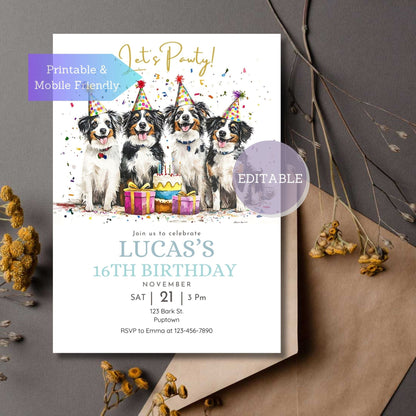 Miniature American Shepherd dog birthday invitation for a dog party