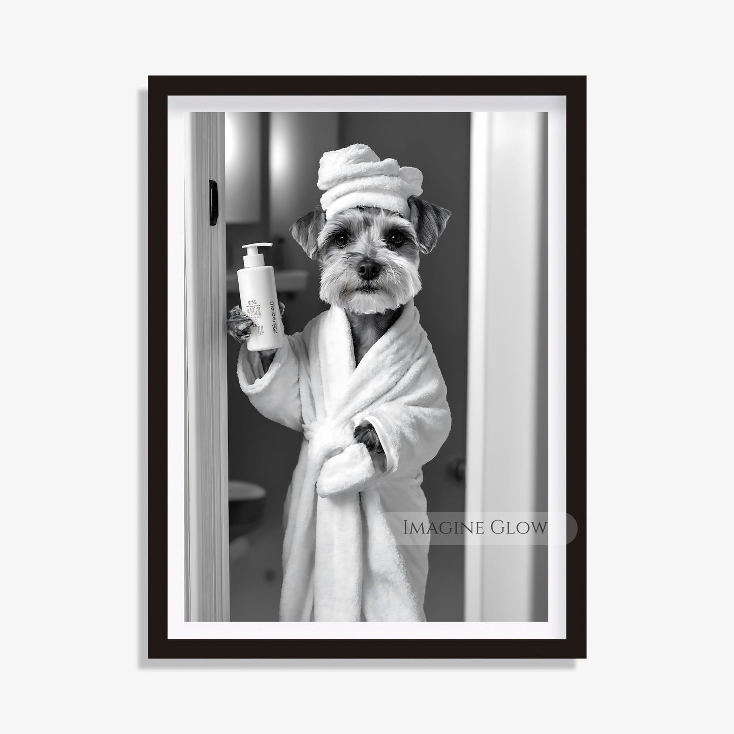 Black-and-white bathroom art featuring a Schnauzer in a toilet
