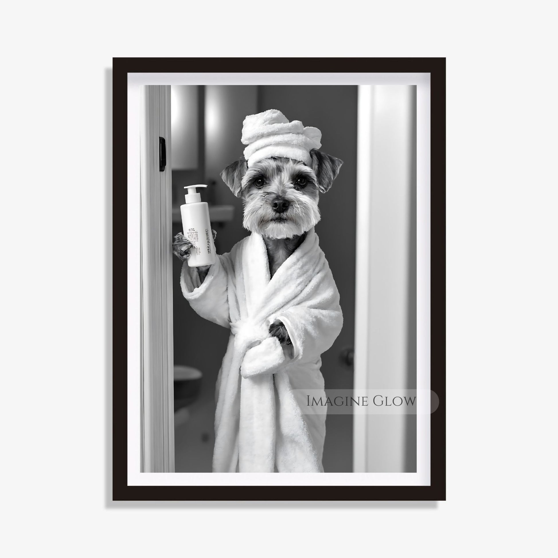 Black-and-white bathroom art featuring a Schnauzer in a toilet
