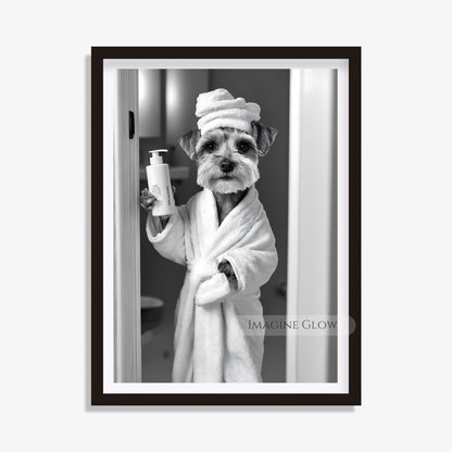 Black-and-white bathroom art featuring a Schnauzer in a toilet
