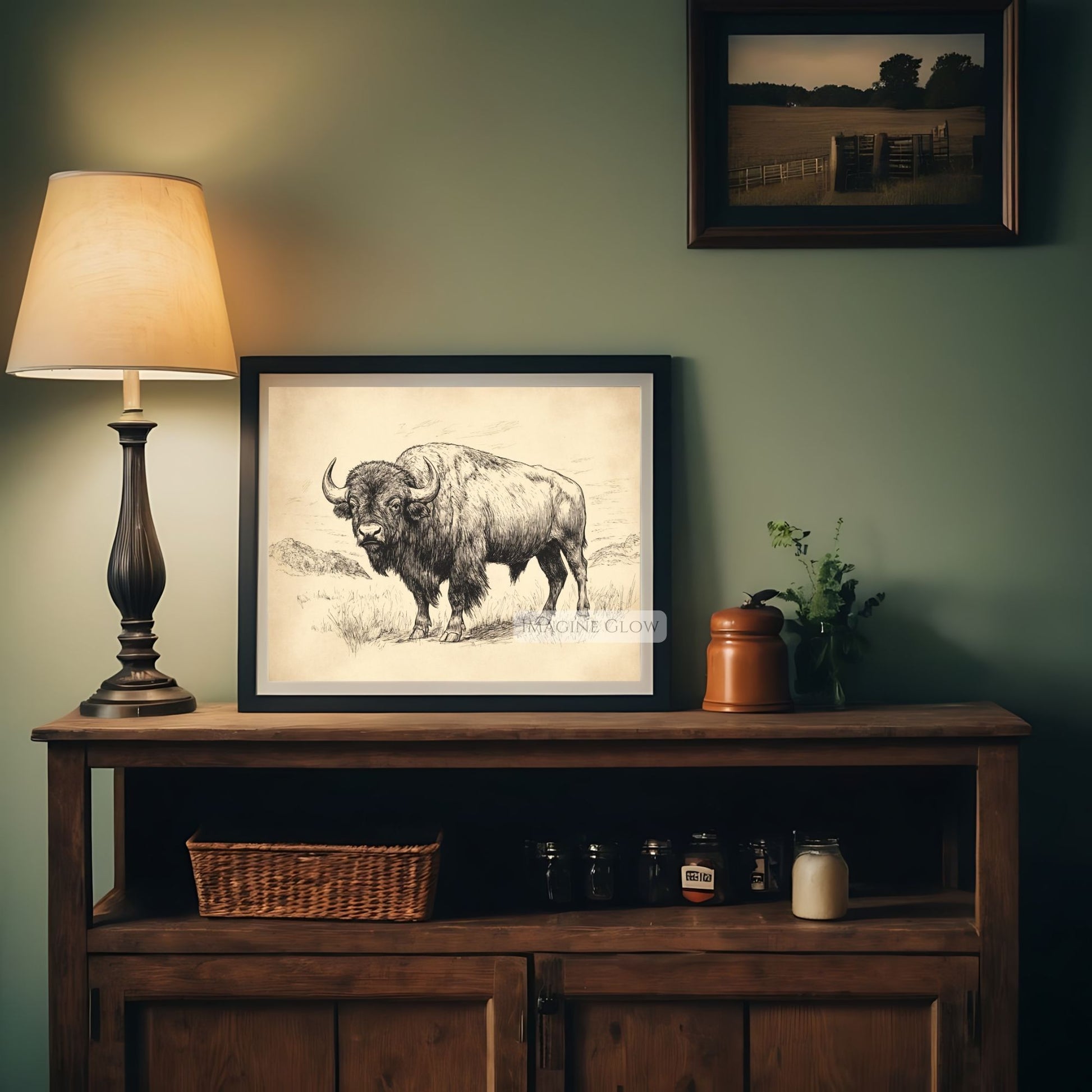 Classic buffalo line drawing for Western lovers. Hand-drawn bison art print for country homes.
