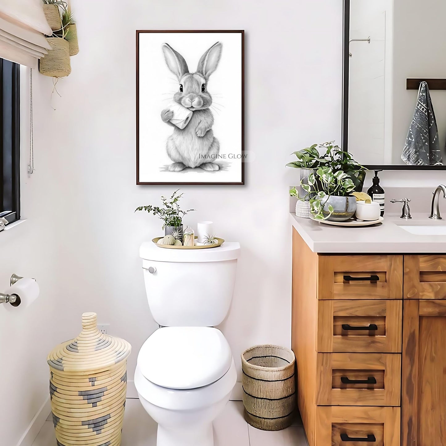 Bunny holding toilet paper in a minimalist black-and-white bathroom print.
