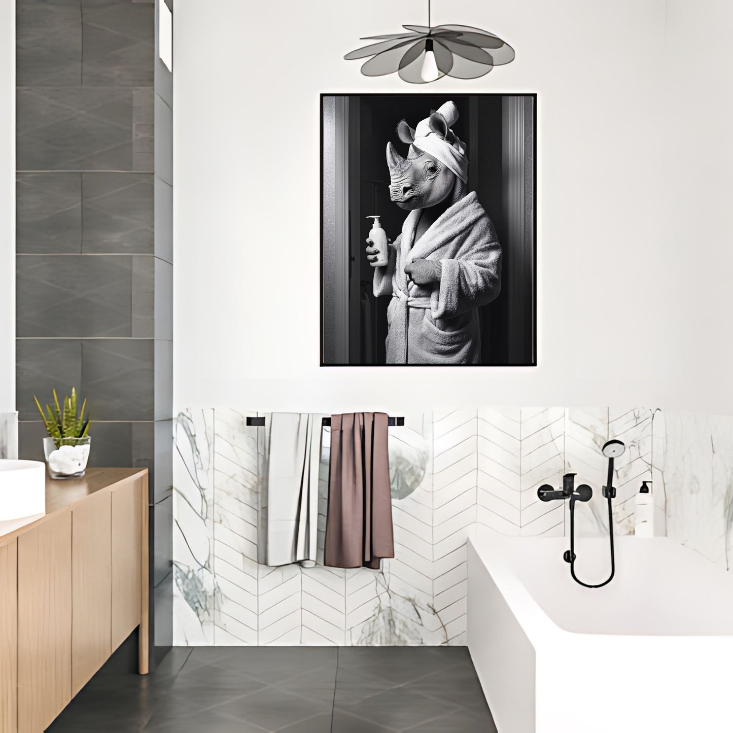 animal in tub, bathtime art, Black and white rhino bathroom wall art for modern bathroom decor.
