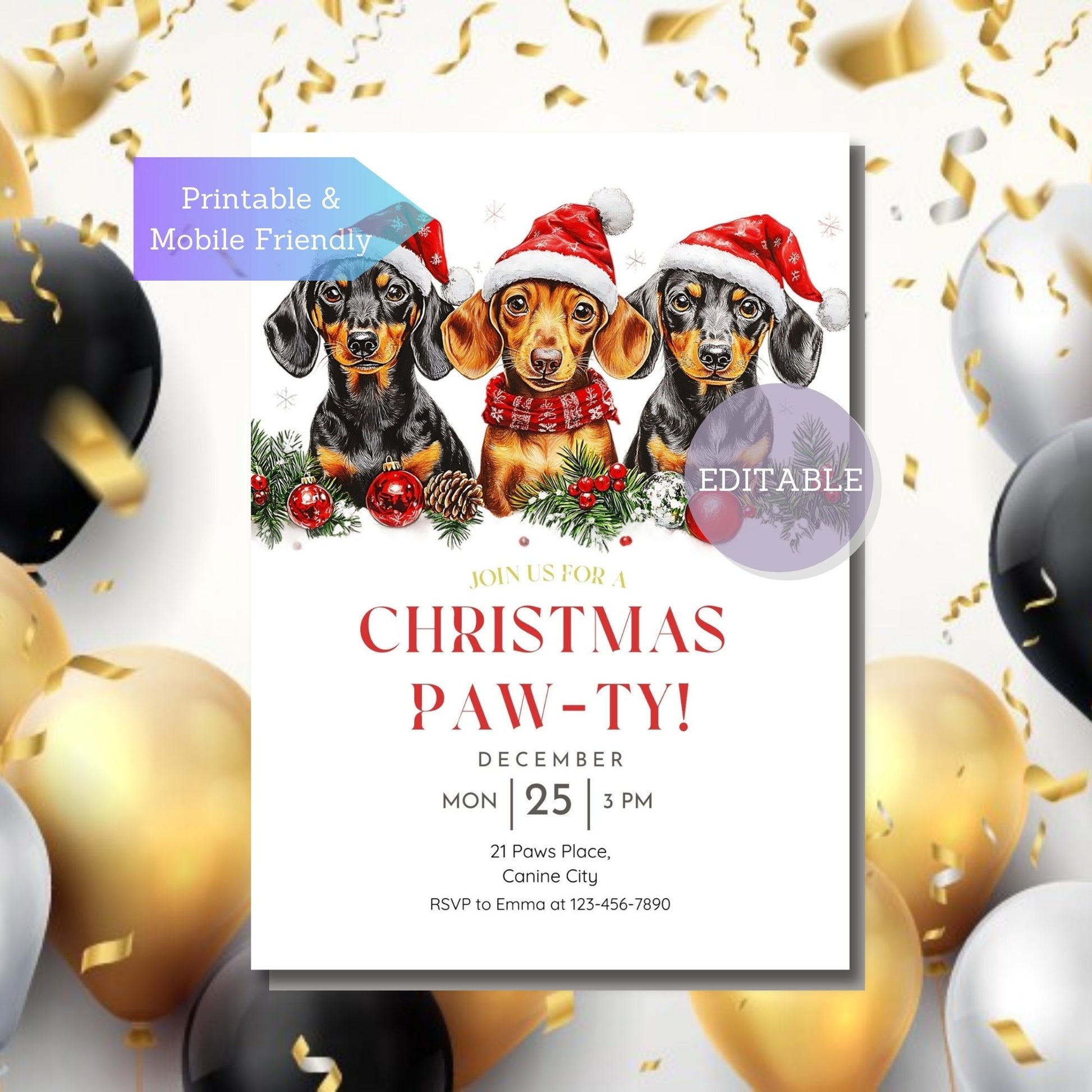 Mobile-friendly Dachshund Dog Christmas Party Invitation - Canva Template