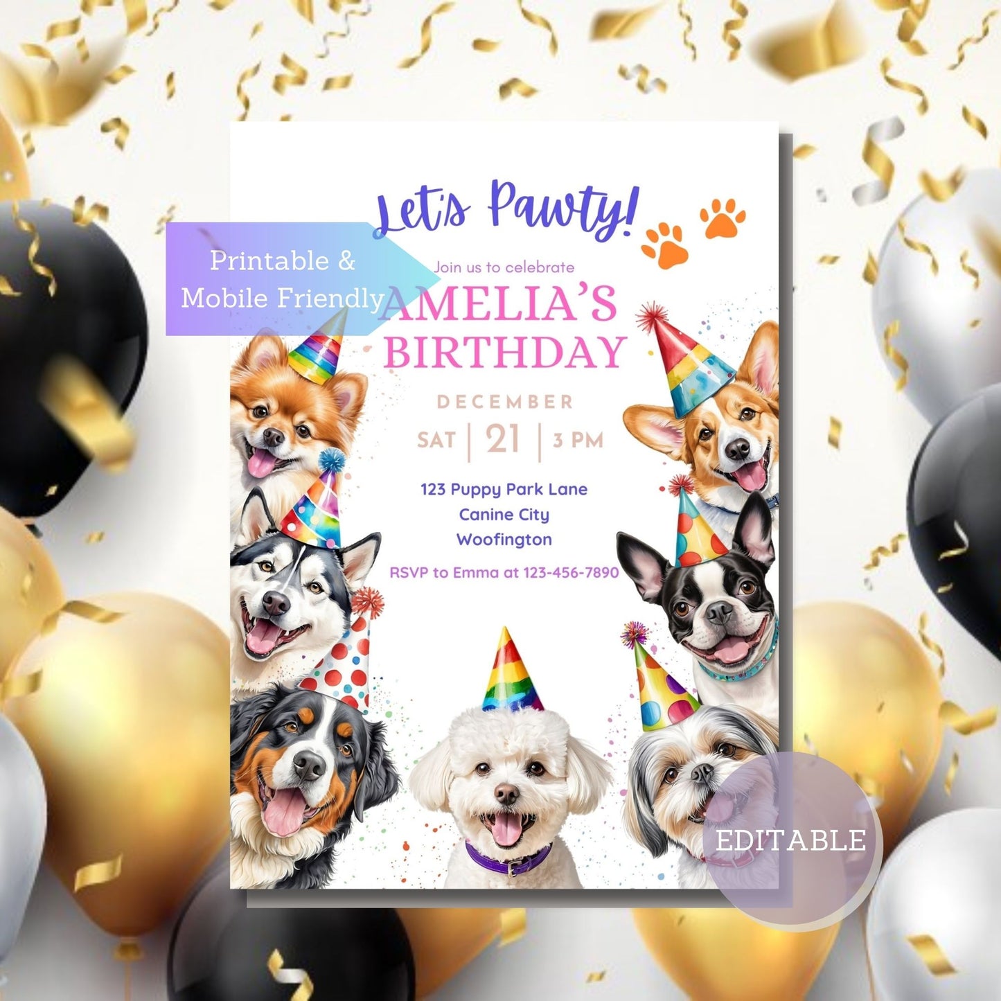 Printable birthday invitation with Bichon Frise dog design, suitable for any age