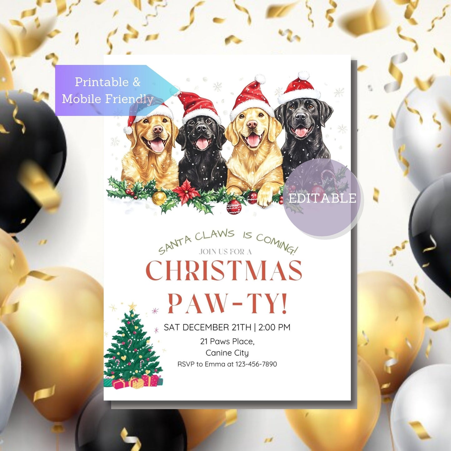 Mobile-friendly Retriever Dog Christmas Party Invitation - Canva Template