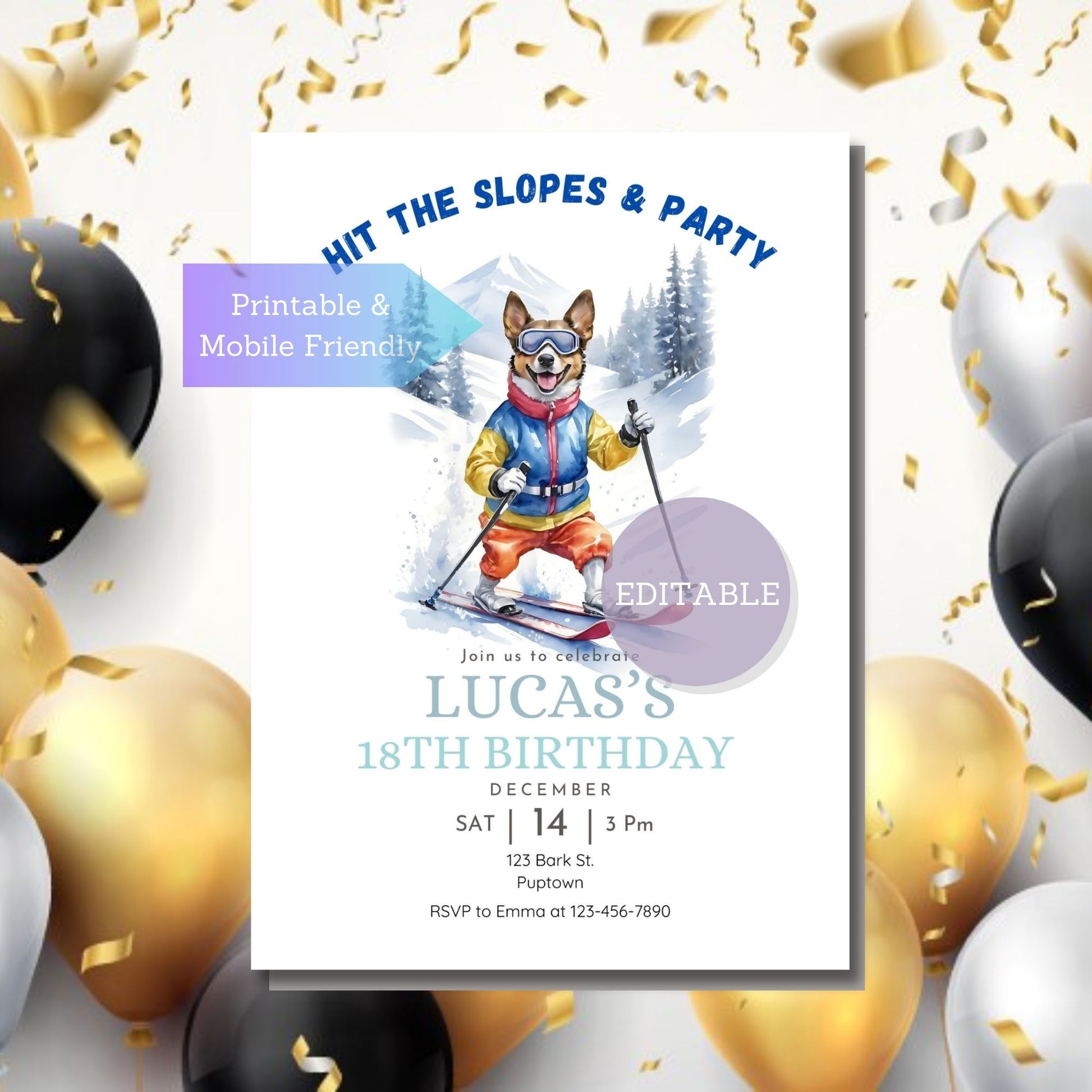 Mobile-friendly skiing dog birthday party invitation design.