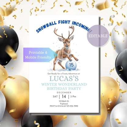 Mobile-friendly winter party invitation featuring a reindeer.