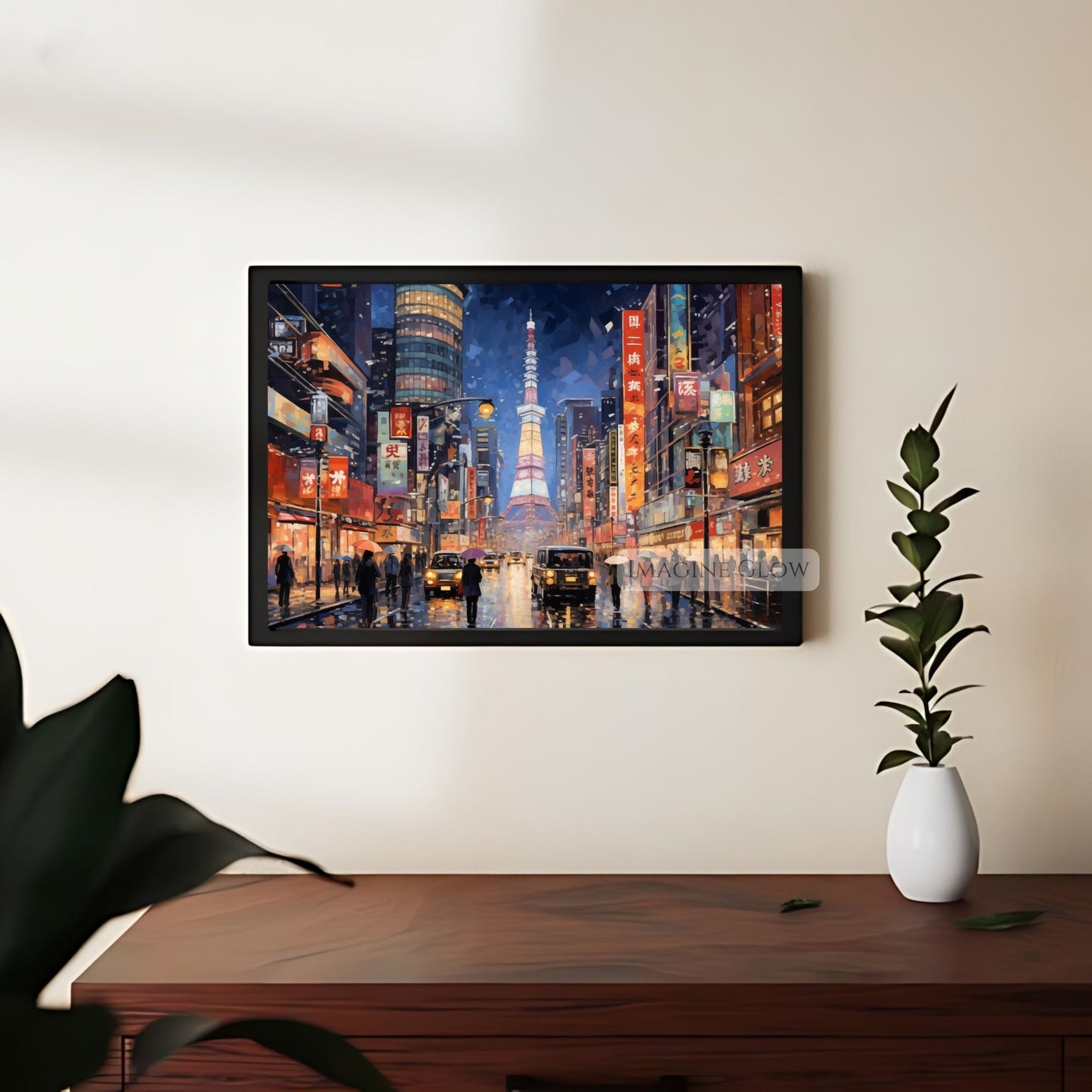 Japan Night View Wall Art featuring a glowing city skyline.

