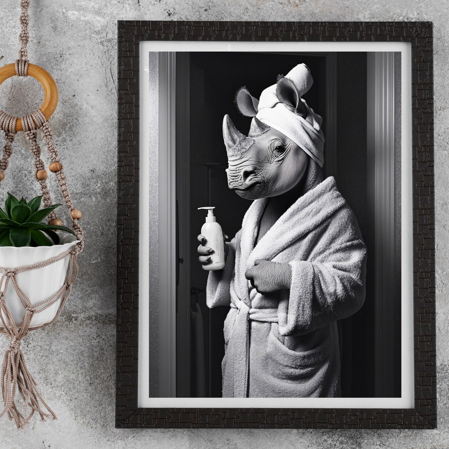 bath art Rhino in bathrobe minimalist bathroom wall art print.
