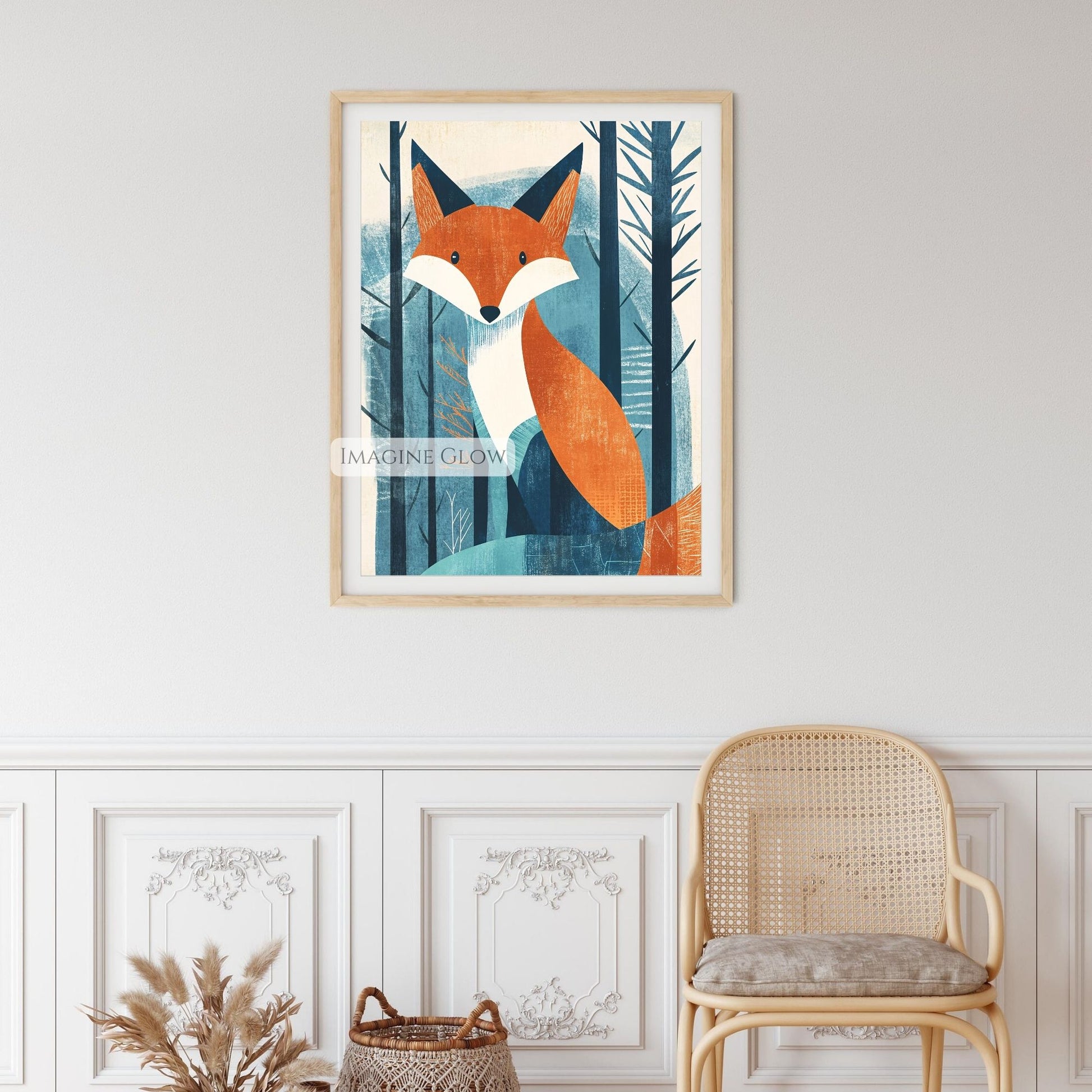 Playful giraffe and elephant art with a fox in retro safari theme.
