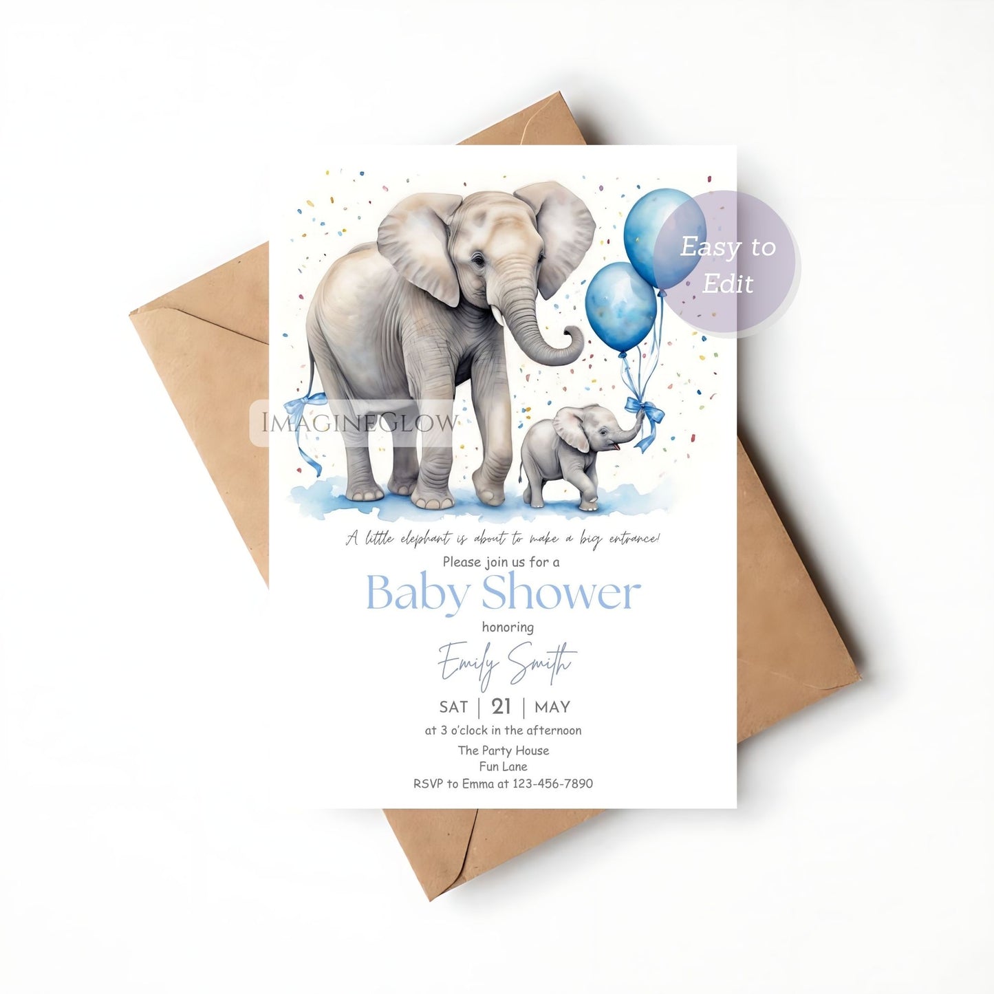 personalized baby boy elephant invite
