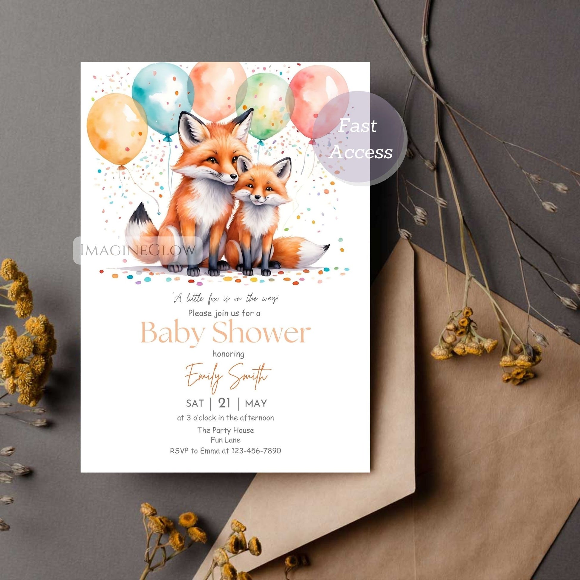 baby shower invite with mom and baby fox
