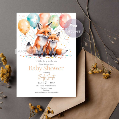 baby shower invite with mom and baby fox
