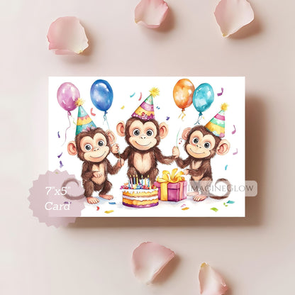 Birthday card with three monkeys holding balloons and a cake on a light background.