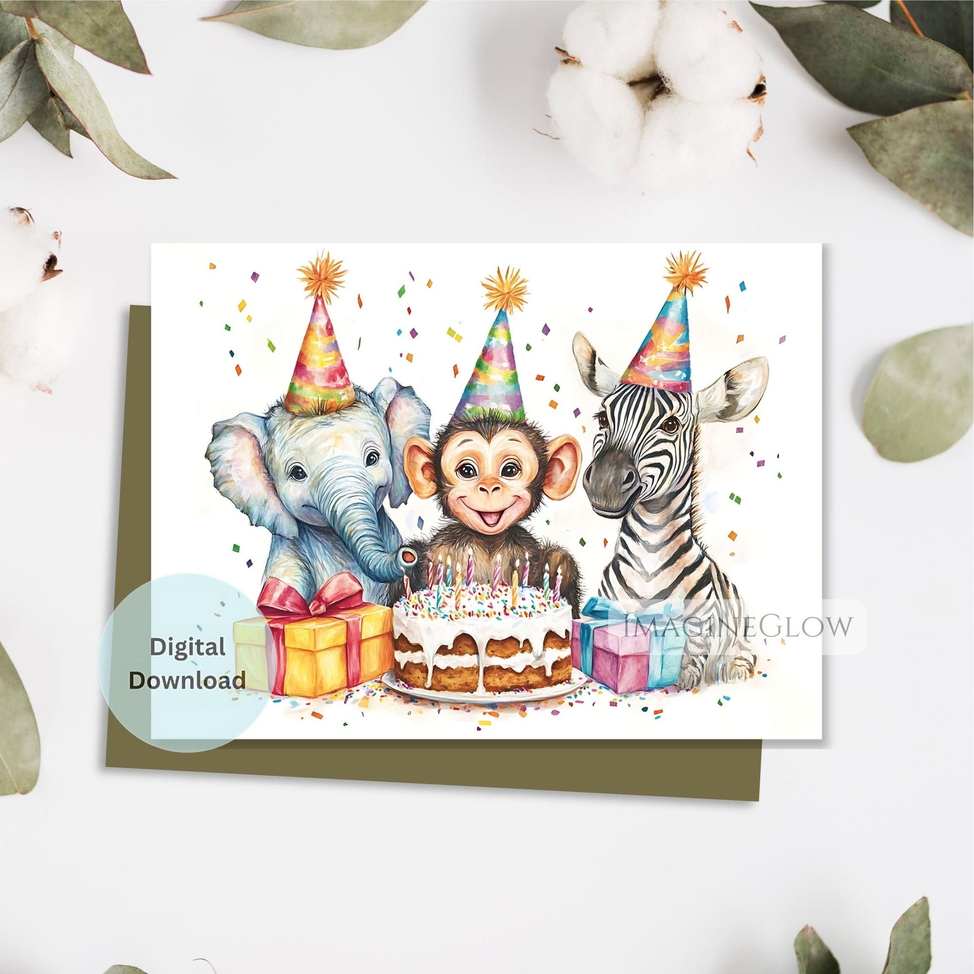 Printable jungle animal birthday greeting card
Monkey zebra elephant birthday card for kids
