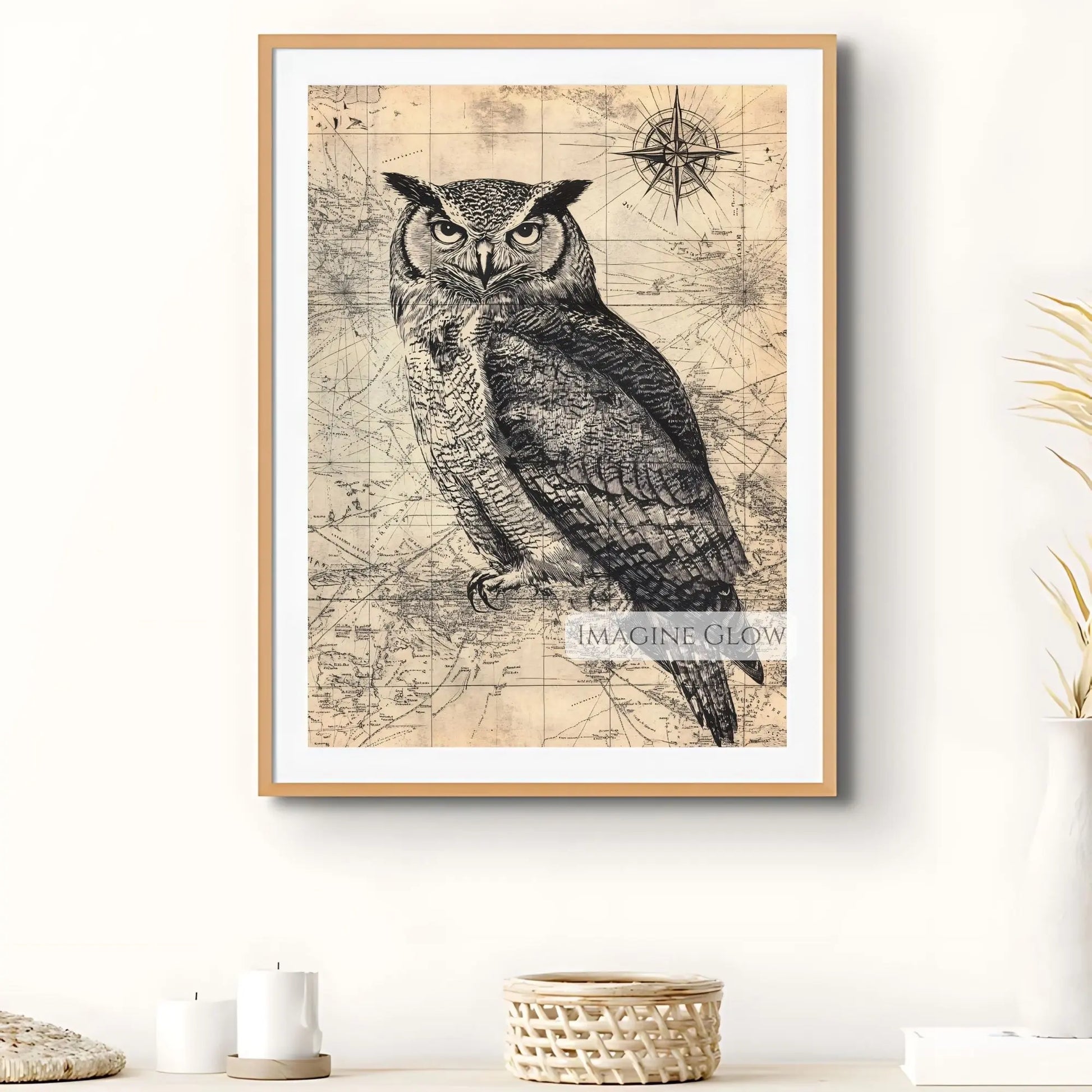 Timeless owl on map nature print
