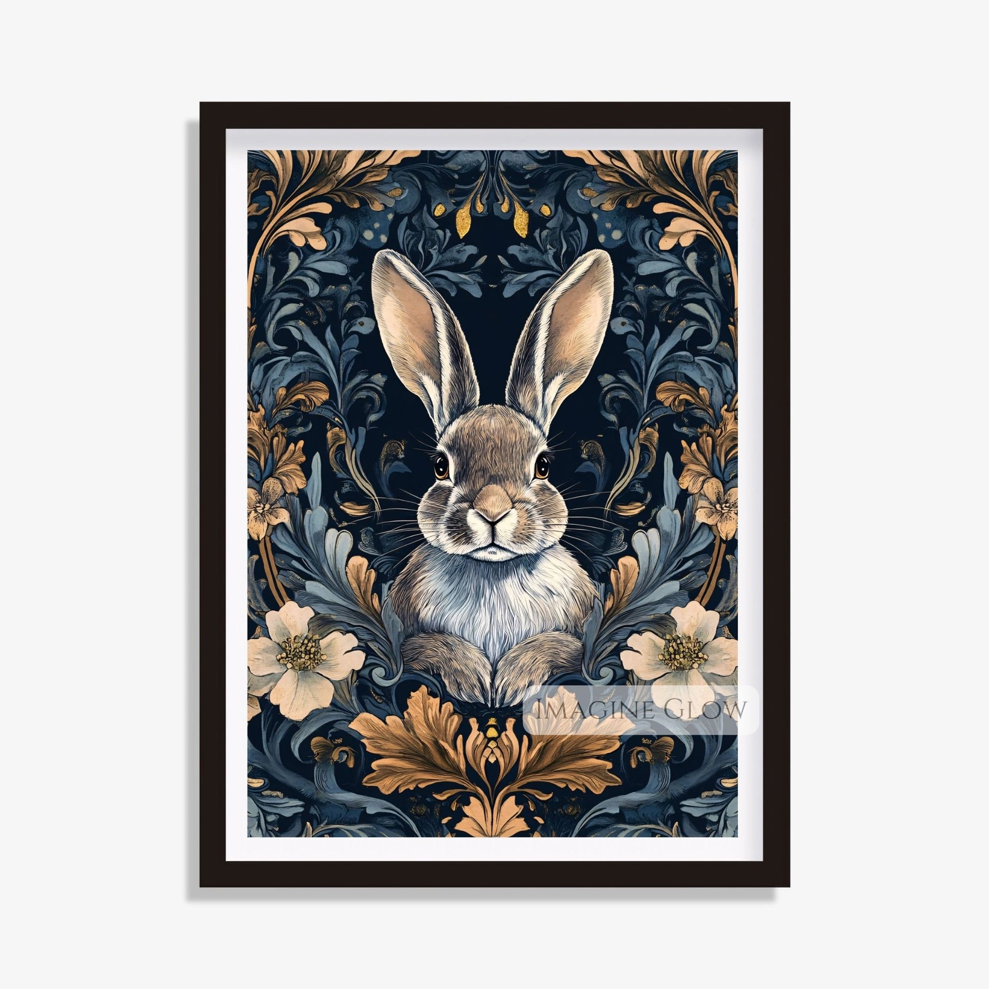 Woodland bunny floral print with deep, rich hues.
