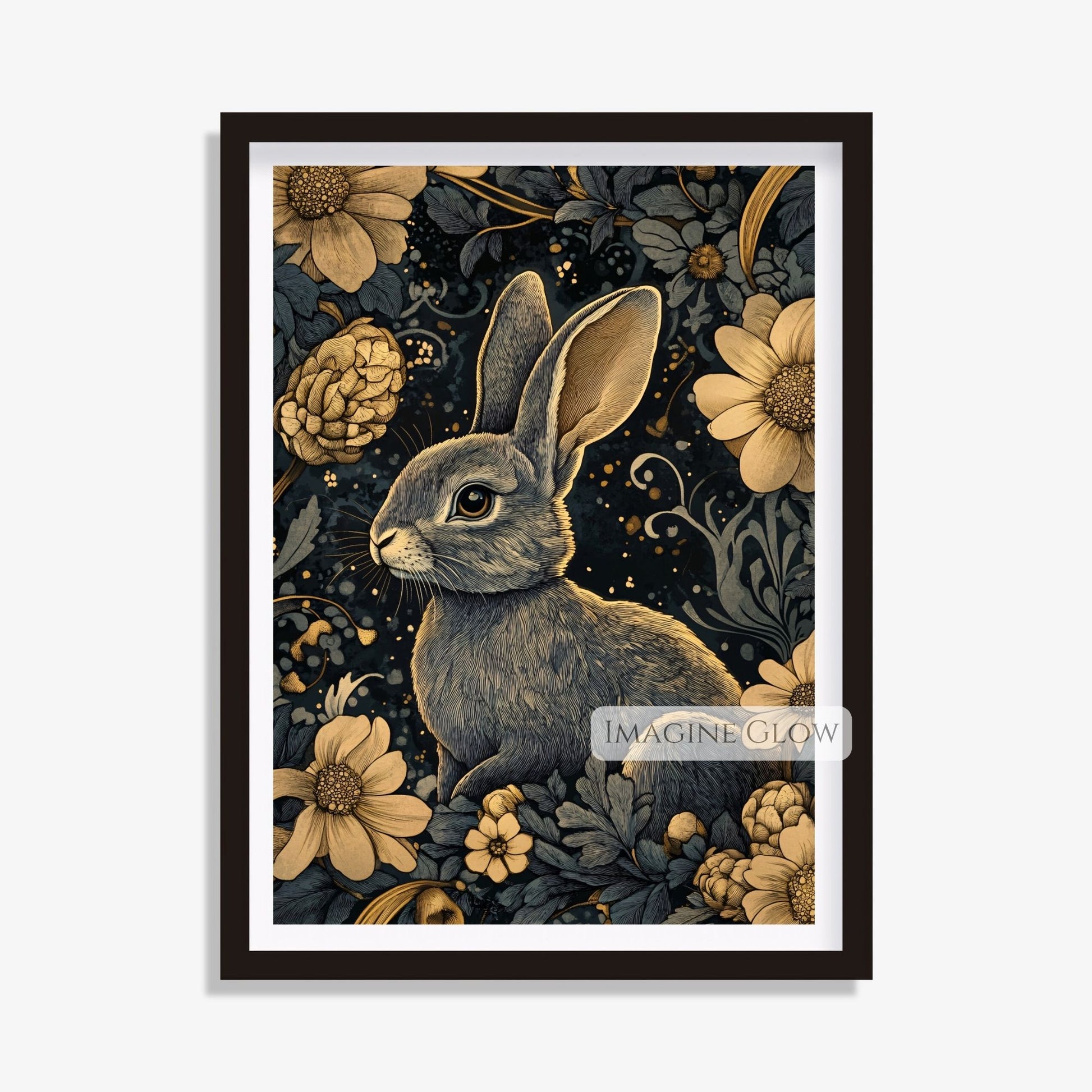 Nature-inspired moody bunny print with floral accents
