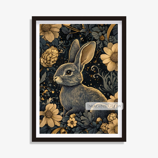 Nature-inspired moody bunny print with floral accents
