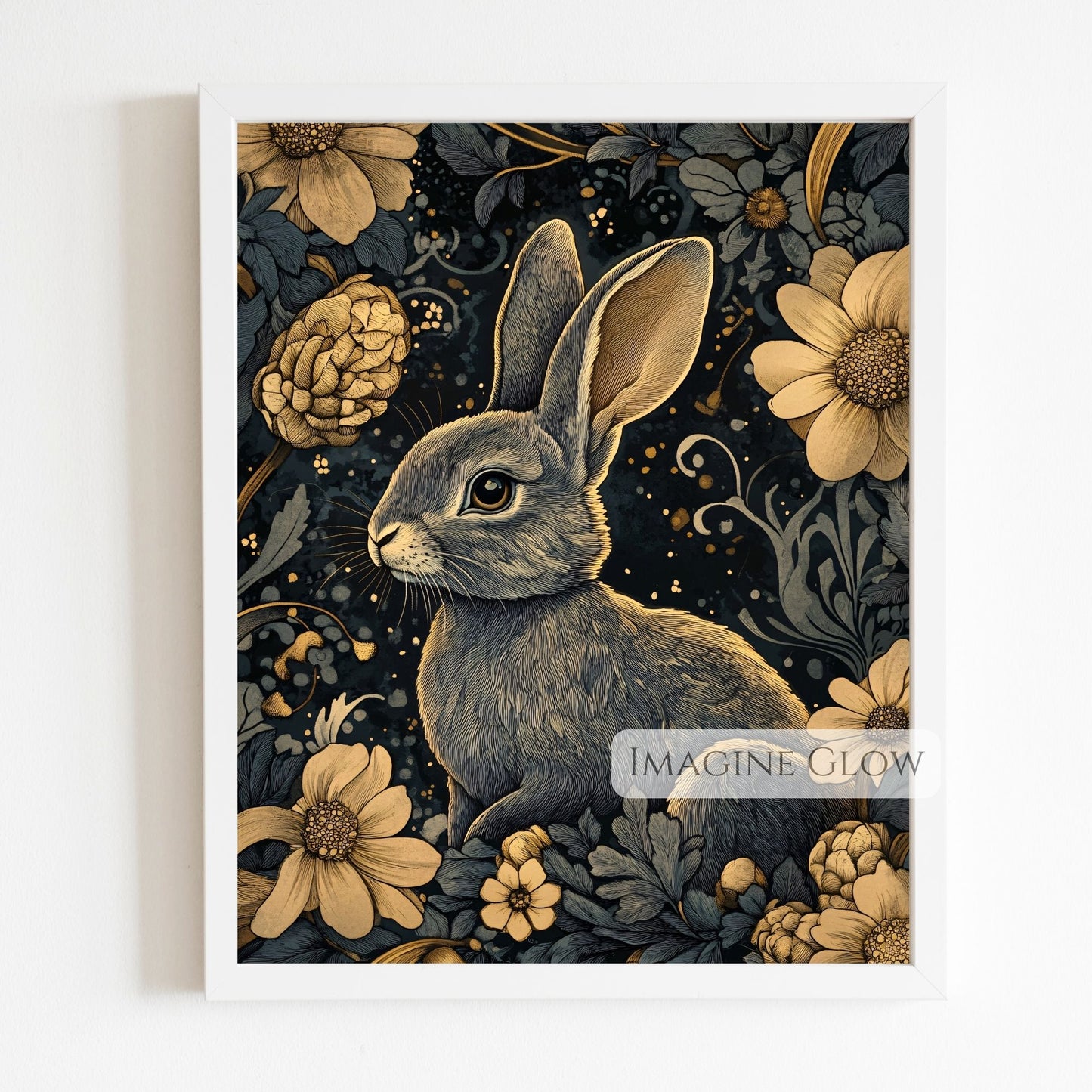 Elegant floral bunny art with dark, moody tones
