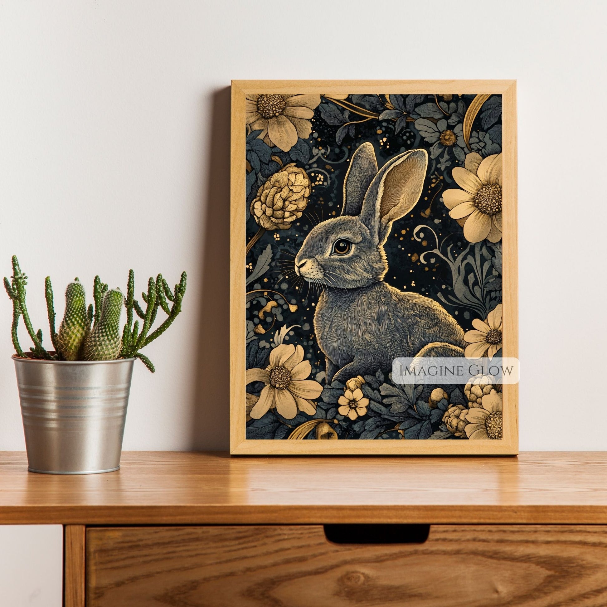 Moody floral bunny art print for modern decor lovers
