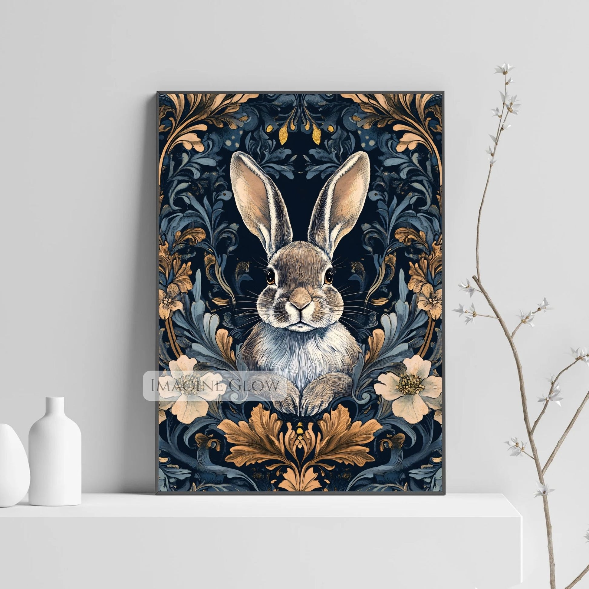 Moody animal wall art featuring a rabbit and dark flowers.
