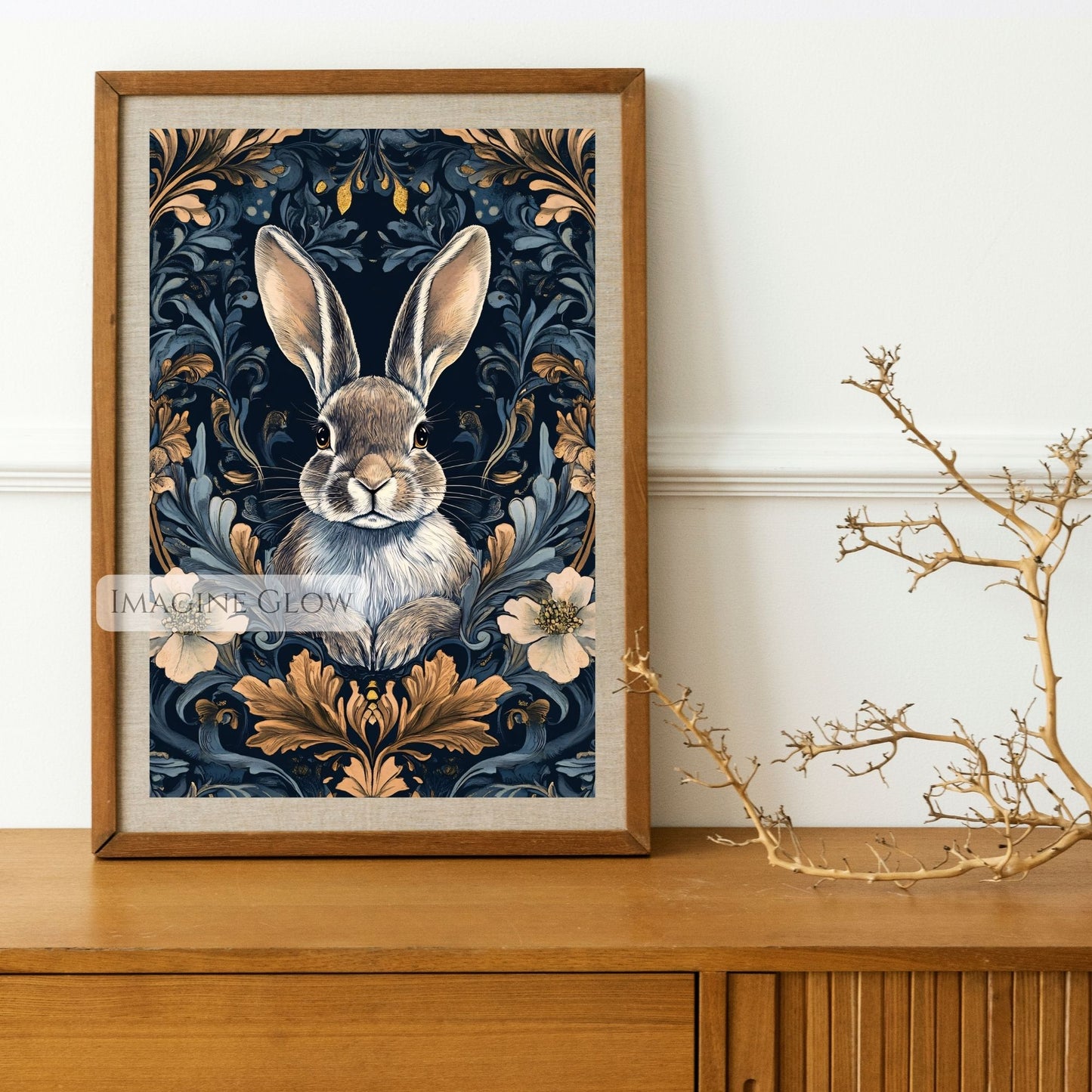 Elegant bunny art print surrounded by moody florals.
