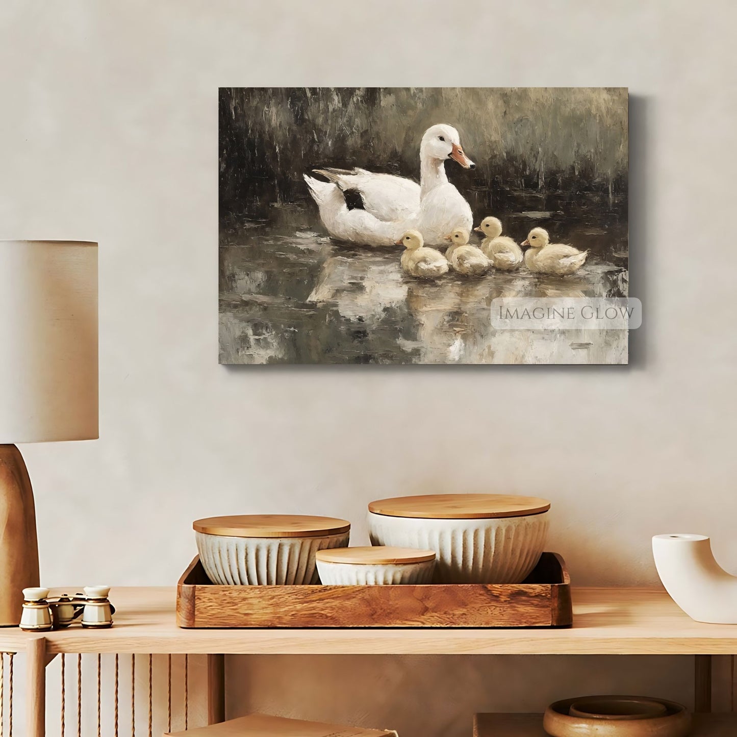 White duck swimming with baby ducks - vintage artwork
