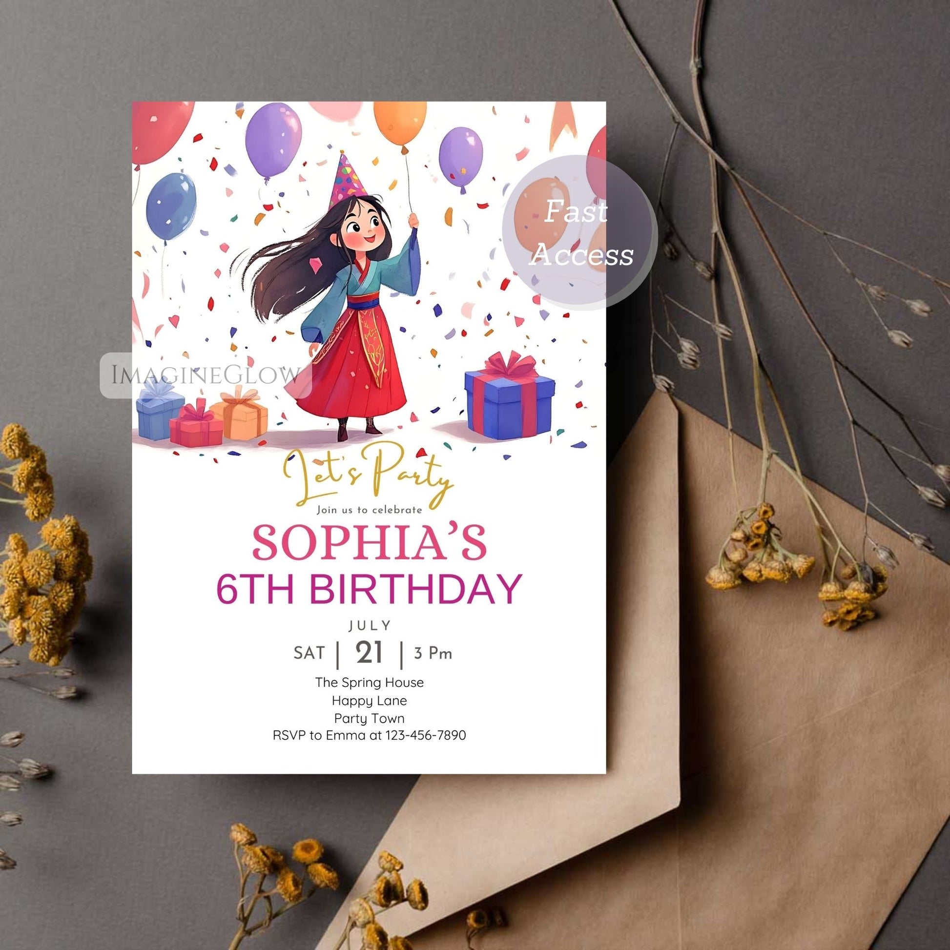 editable mulan party invite
asian princess birthday invitation
