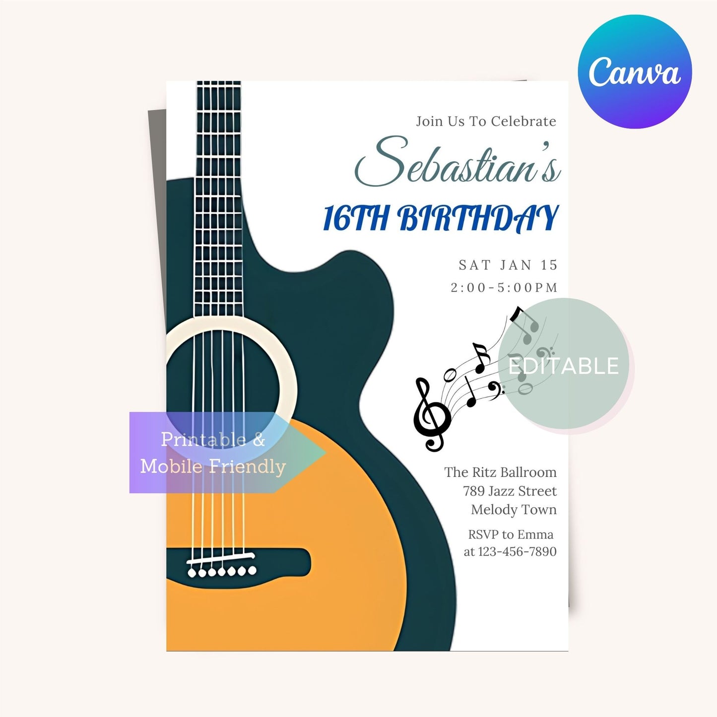 Guitar birthday invitation template for kids and adults, customizable in Canva.