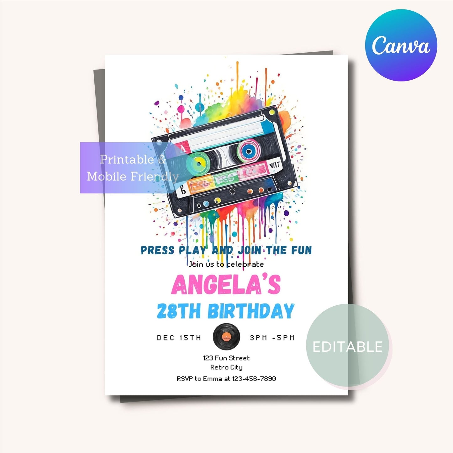 Party invitation featuring a cassette tape graphic, perfect for a throwback or music lover's event.