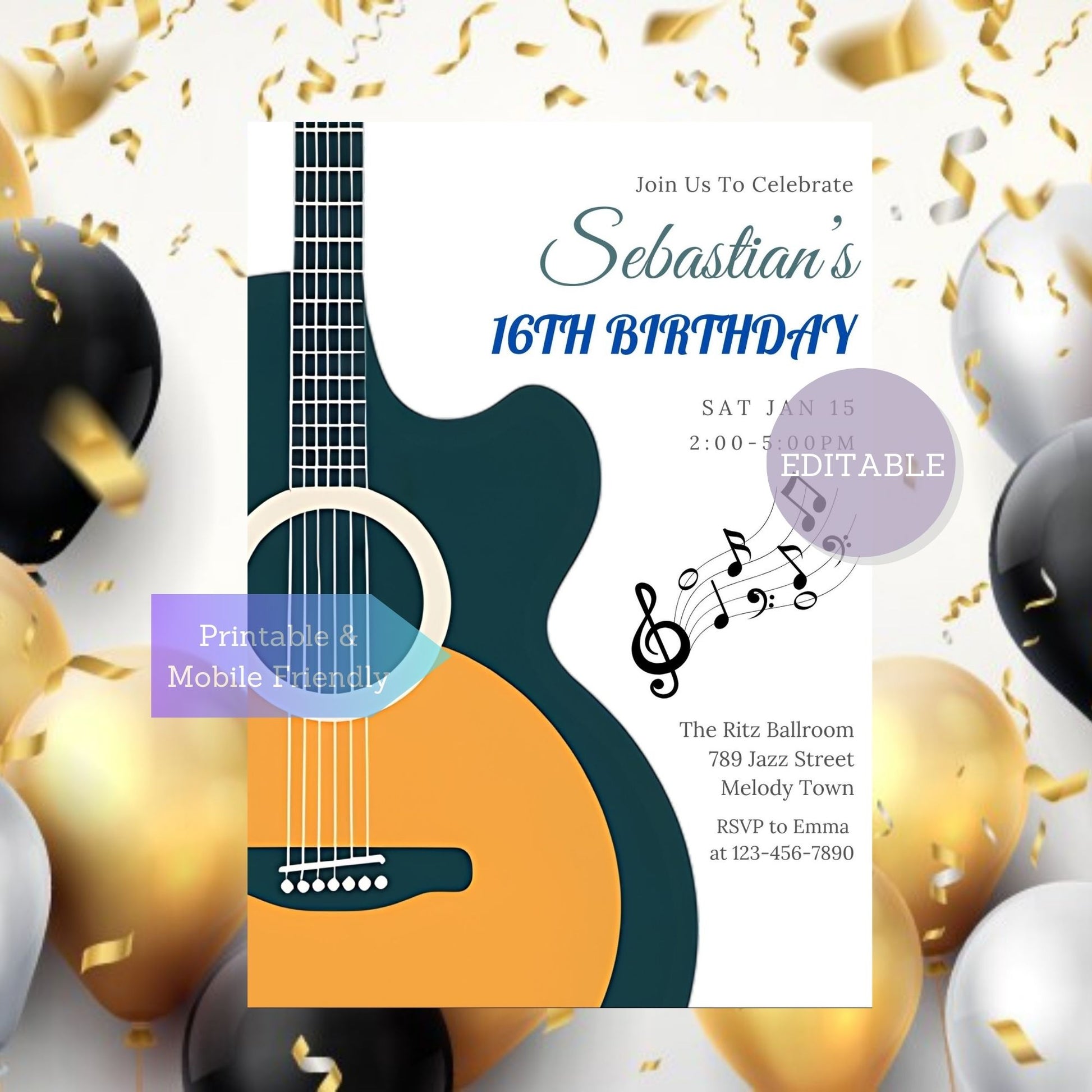 Printable guitar-themed party invite for music lovers.