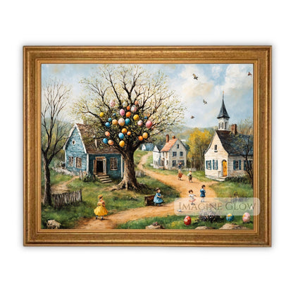 Enchanted Spring Village Decor with Easter Egg Tree
