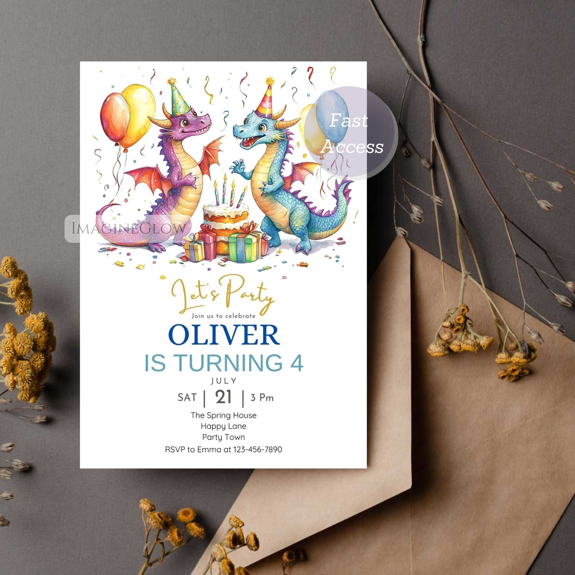 Whimsical dragon party card for children
Customizable dragon invite for birthday celebration
