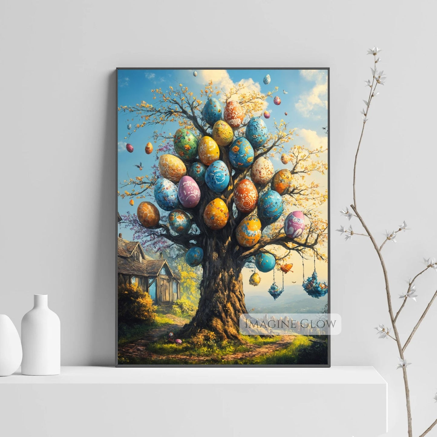 Mystical Easter decor featuring an egg-adorned tree