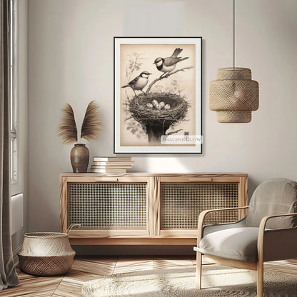 Bird nest with eggs wall art in vintage tones
