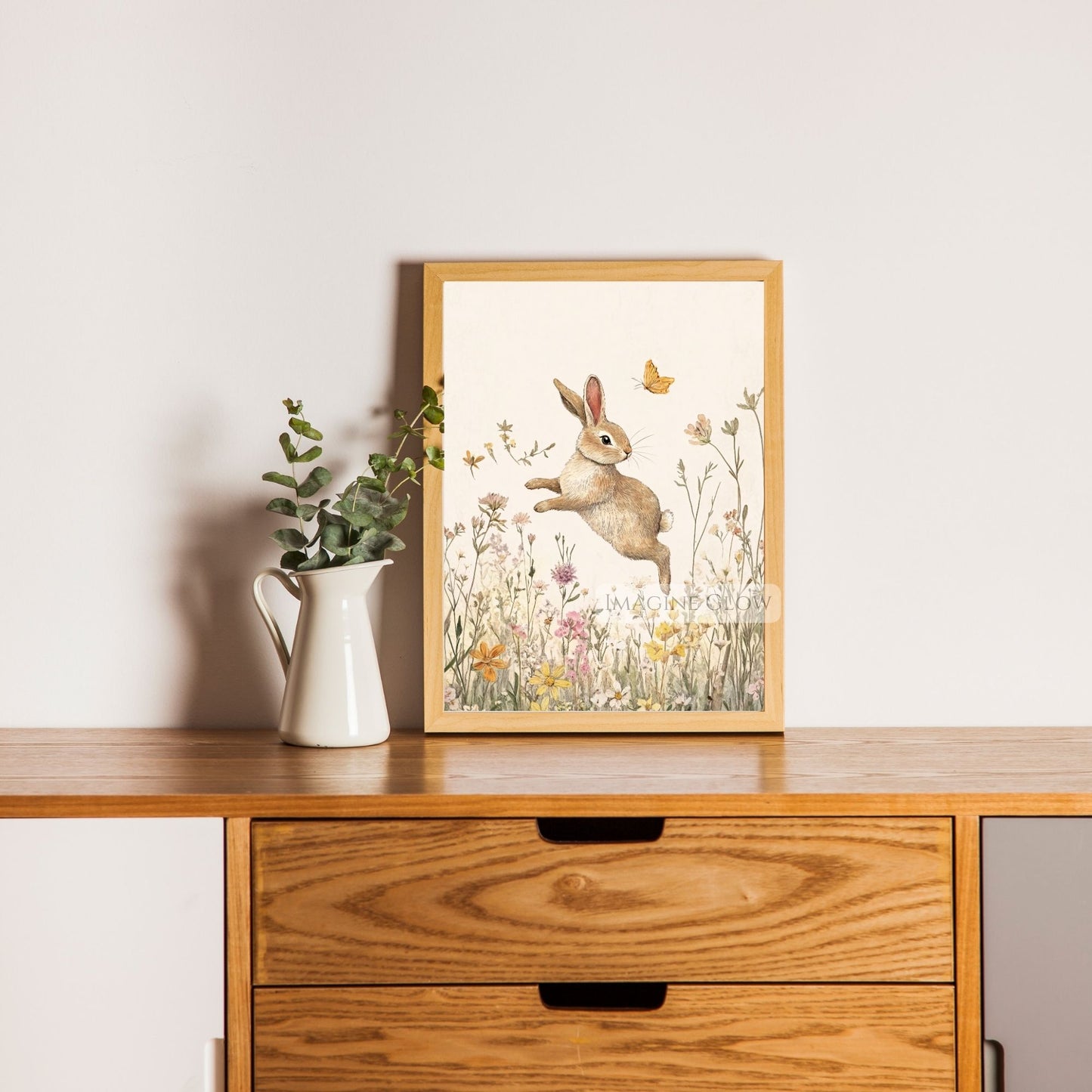 Playful bunny and colorful wildflowers, ideal for nursery wall.
